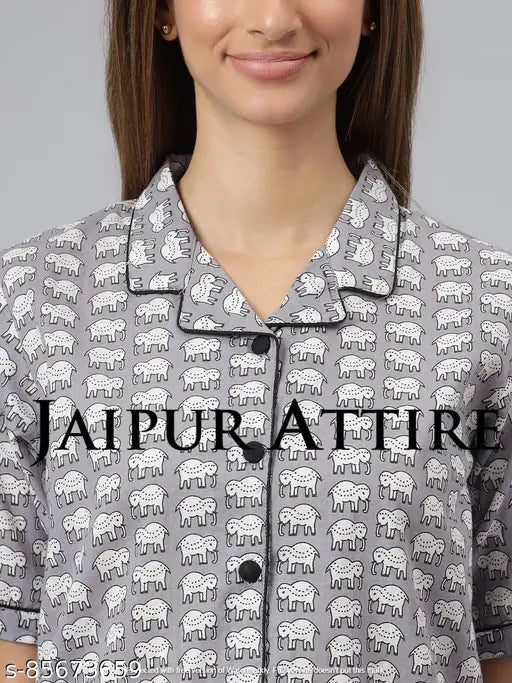 Jaipur Attire women's printed cotton nightsuit set in Cambric fabric, short sleeves and shorts style, size options available (XS-XL), Indian origin
