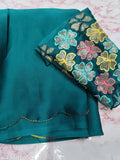 Teal ari work border saree with sequin work blouse