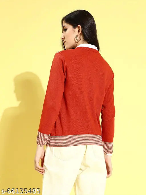 Red printed polycotton Urbane Ravishing women's sweater with Christmas theme, long sleeves and round neck