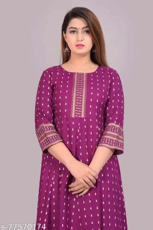 Rayon angkhi women's printed full length kurta with three-quarter sleeves, vibrant Indian print on display