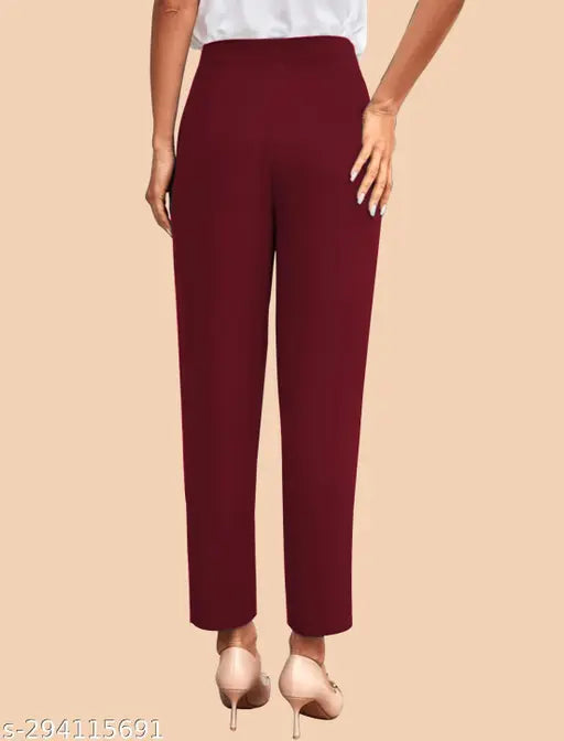 Maroon polyester blend high waist elastic band trousers with side pocket