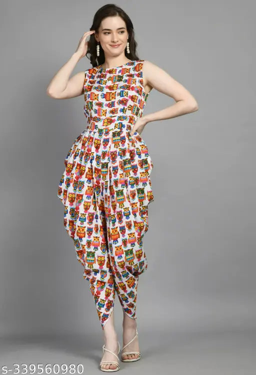 White crepe checkered owl jumpsuit for girls and women, available in multiple sizes (S-XL)