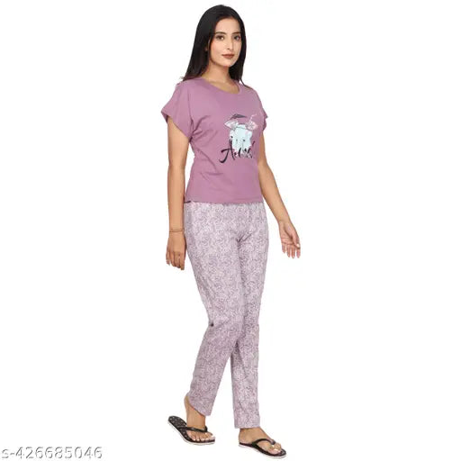 Printed polycotton women's half-sleeve waist-length nightsuit set for summer lounge wear, available in M, L, XL, and XXL sizes with cool, stylish printed design