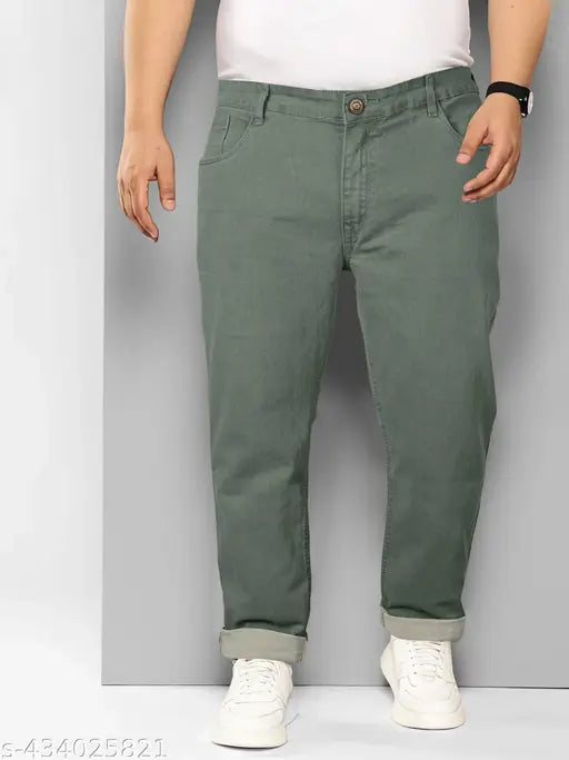 Olive green men's jeans with a zip fly