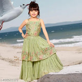 Pastel green Georgette anarkali palazzo suit for girls, embroidered with dupatta, various sizes from 1-2 years to 14-15 years