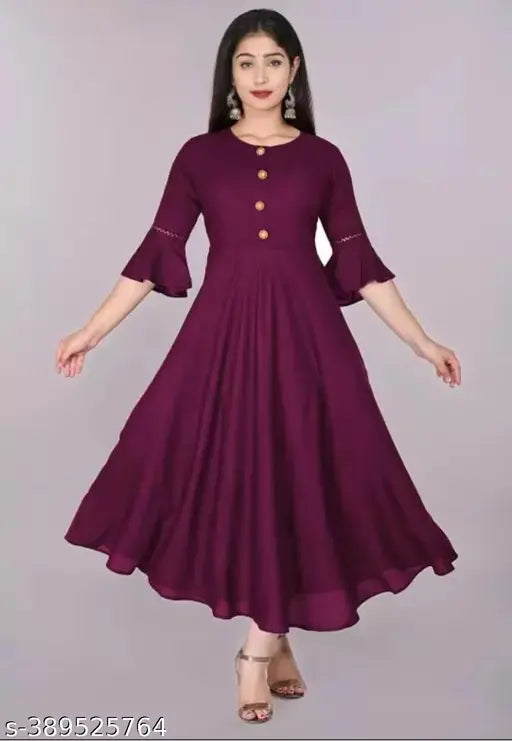 Purple rayon knee-length designer kurti with short sleeves and embroidery