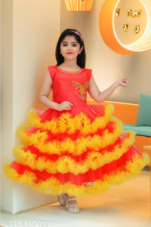 Red Net Embroidered Girls Gown for Parties, 2-10 Years, Indian handwork on display