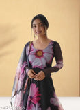 Black georgette women's fit-and-flare anarkali gown with long sleeves, vibrant sunflower print, available in S, M, L, XL, XXL