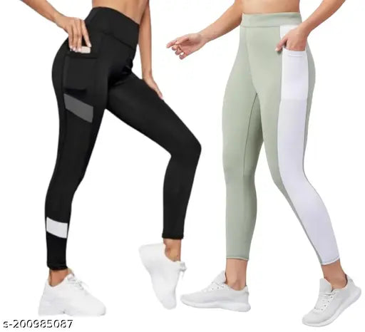 Black polyester spandex leggings combo for ladies gym & yoga | India