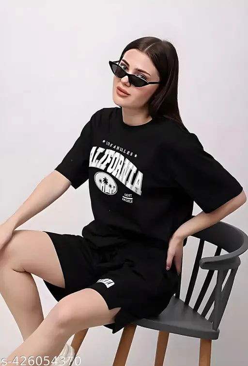 Cotton printed night suit pajama set, short sleeves & shorts - Indian-made women's sleepwear loungewear set