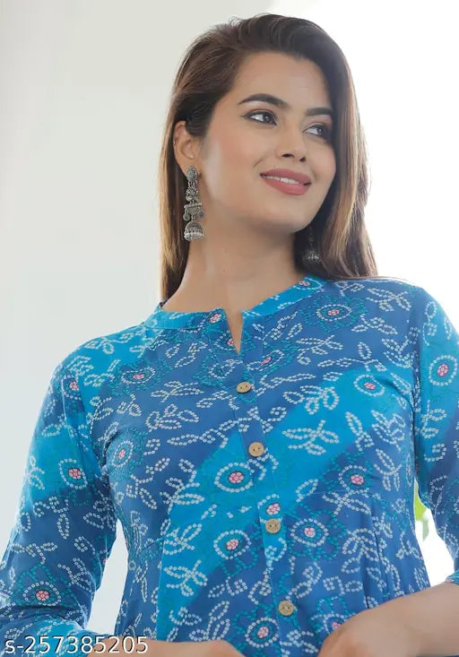 Women's printed cotton anarkali kurta dress in blue with patterns