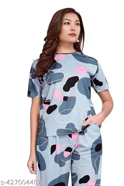 Gray cotton lycra tie-dye women's pajama set for comfortable lounge wear, available in S, M, L, XL sizes. Short sleeve and no-fly design with deep pockets