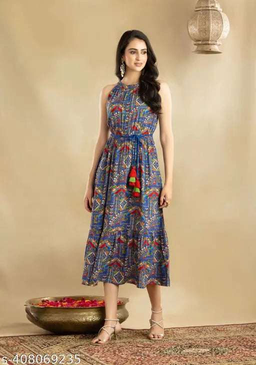 Rayon sleeveless Anira dress with vibrant printed combo, Indian fashion for women's clothing S-XXL