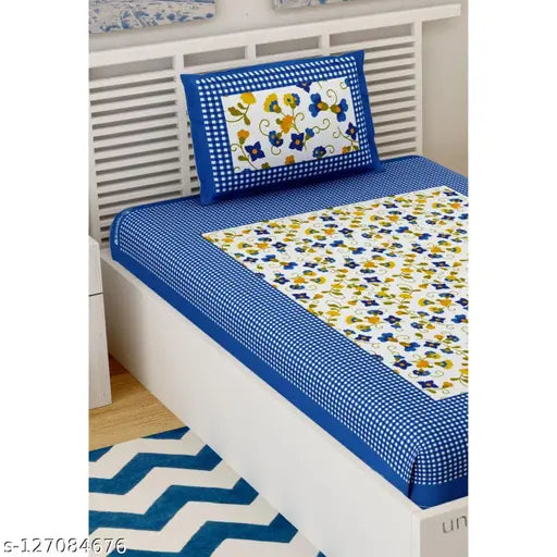 Blue 100% cotton Jaipuri single bedsheet with pillow cover, floral design and embellishments, ideal for summer adult use