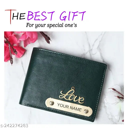 Faux leather Name wallet for men, solid color with 5 compartments. Customizable, originates from India