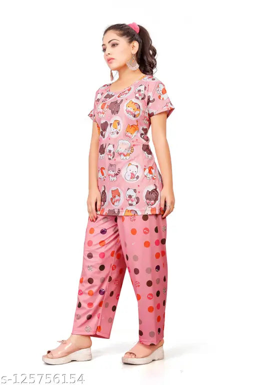 Cool multi-colored digital print polyester top & pyjama set with short sleeves, ideal for women's nightwear