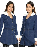 Furry blue girls' coat with a belt