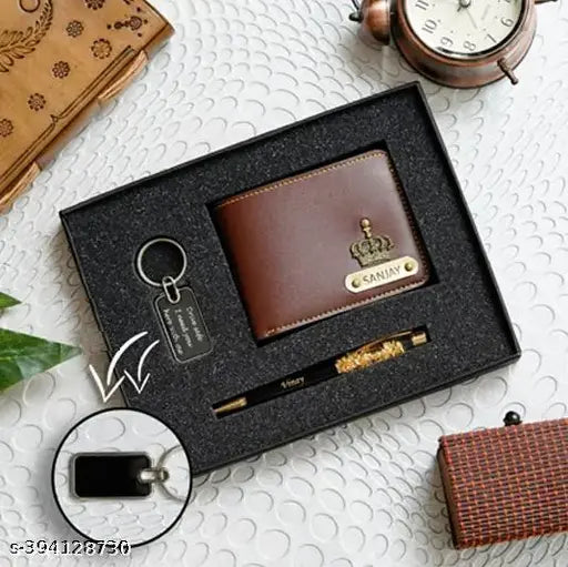 Faux leather men's wallet with keychain and personalized pen, printed pattern on free size (12cm x 8cm), timeless class and contemporary style - TESLO MART Combo from India