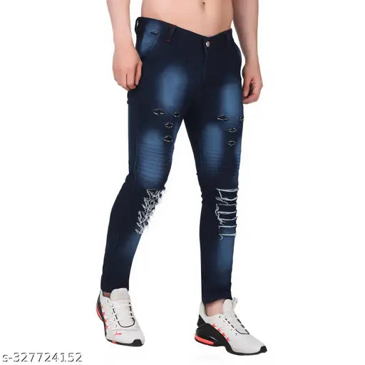 Men's dark blue denim jeans with ruff detailing, solid pattern, stretchable, and versatile for casual, evening, or party wear. Perfect fit for sizes 26-34, originating from India
