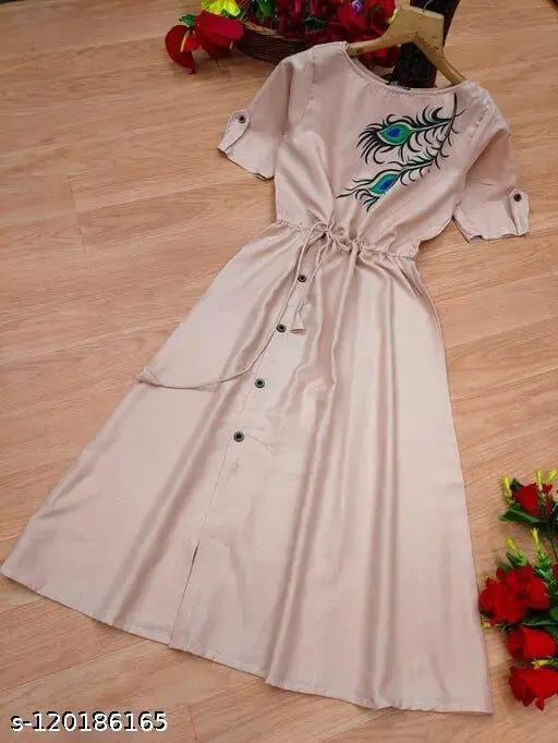 Rayon cotton printed Anarkali Kurti, half-sleeve, fully stitched for women. Colors: XS (34in bust, 39in length), S (36in bust, 39in length), M (38in bust, 39in length), L (40in bust, 39in length), XL (42in bust, 39in length), XXL (44in bust, 39in length). Indian design, perfect for stitching