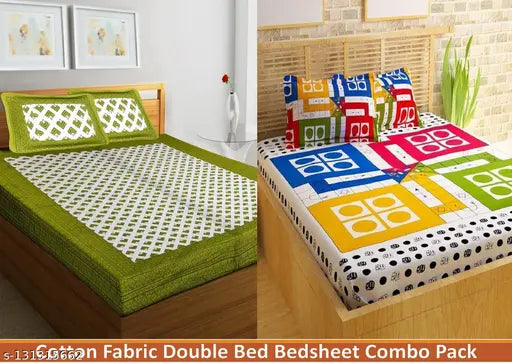 Cotton geometric-patterned Jaipuri double bed sheets set (pack of 2 with 4 pillow covers), ideal for summer use - India