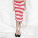 This is a photo of a pencil skirt, striped in red and white with an elastic waistband. It appears to be mid-length, suitable for party wear or everyday casual attire. The material seems to be stretchy and the design has a high waist and a slim fit that can create a flattering silhouette. The skirt is likely made of a cotton blend or a similar fabric that offers comfort and stretch