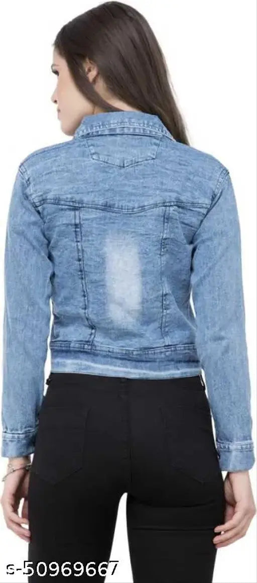New trending denim jacket for women, solid color, long sleeves by Saman Fashion Wear