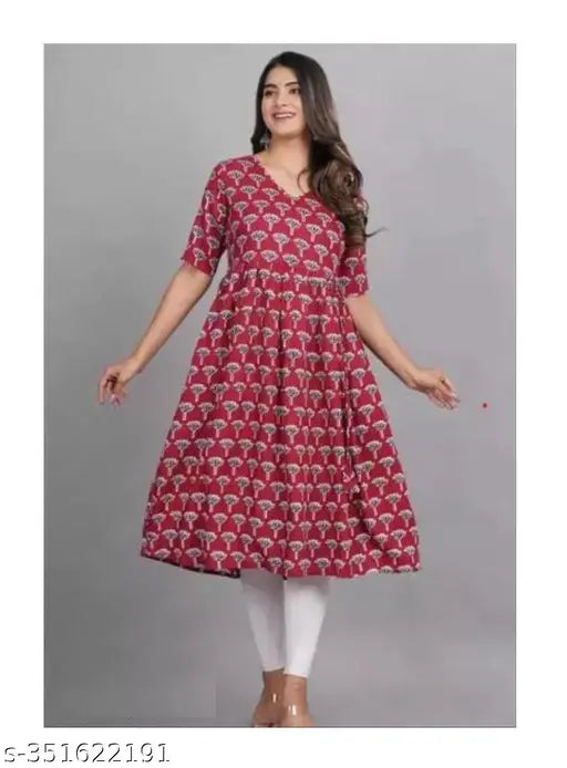 Black and red flower printed midi anarkali kameez for women's ethnic wear