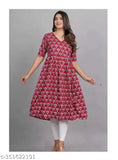 Black and red flower printed midi anarkali kameez for women's ethnic wear