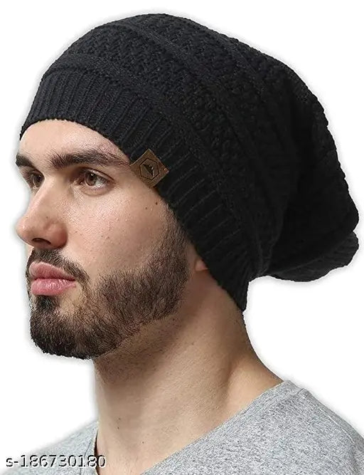 Black wool slouchy beanie (Bob Marley style) - single pack, ideal for men & women. Hand-feel is soft. Made in India