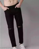 Black polycotton Mod Men knee-slit jeans, solid design for men size 28, 30, or 32 from India