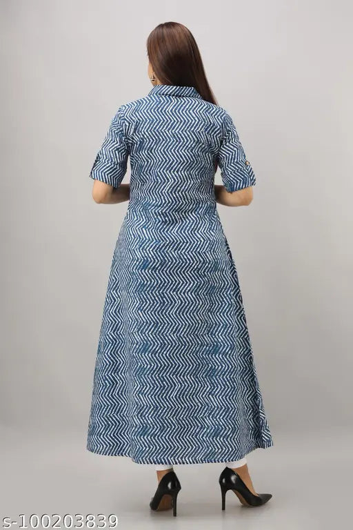 Blue cotton zig-zag printed A-line kurta by ANMOL, stylish Indian ethnic wear with short sleeves and shirt collar