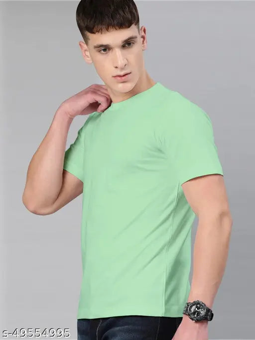 Pista green cotton blend short sleeve t-shirt, solid pattern for men and women, India origin