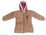 Tan coat with fur trim and pink hood