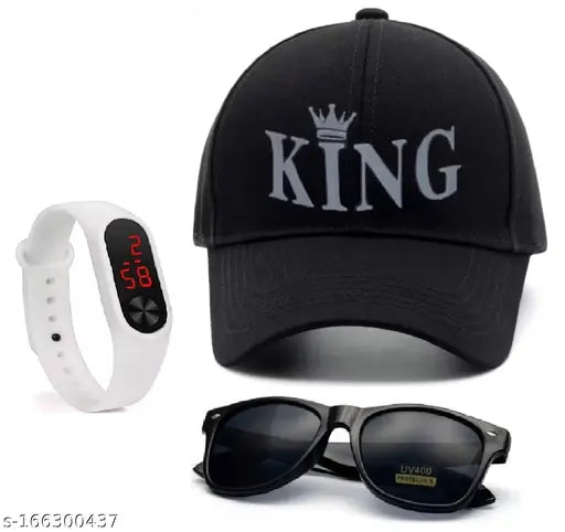 KING Cotton striped embroidered cap, digital LED watch, black sunglasses set - Indian Diwali gift pack for men and boys