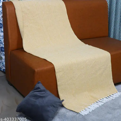 Yellow 100% cotton stitch weave sofa throw, 50x60 inches with decorative fringe