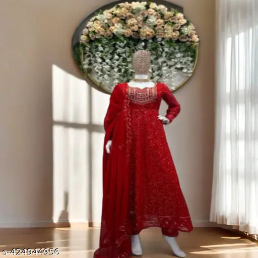 Heavy Georgette gown, embroidered net, XL (40in bust, 44in length), India-made three-quarter sleeve formal dress