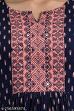 Navy blue embroidered Anarkali dress with intricate pattern, tassel detailing on shoulders and waist, sleeveless design