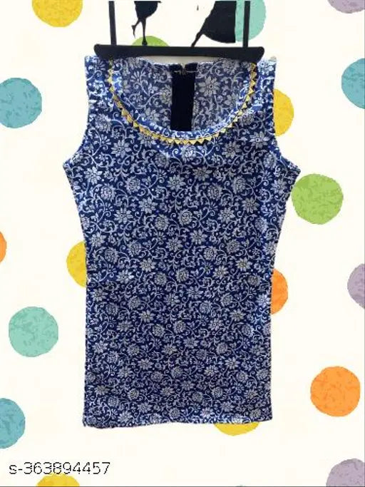 Blue and white cotton kurti for kids, sleeveless with gota work - Indian printed net top for 4-5 years