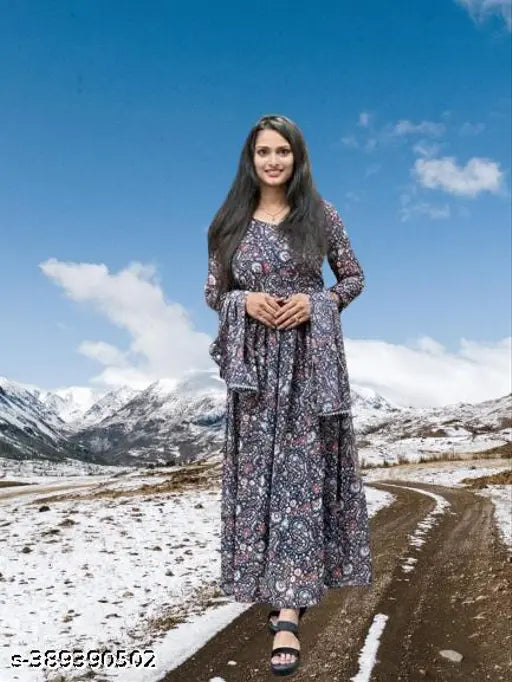 Modern navy blue printed Georgette gown with long sleeves, perfect for weddings or parties