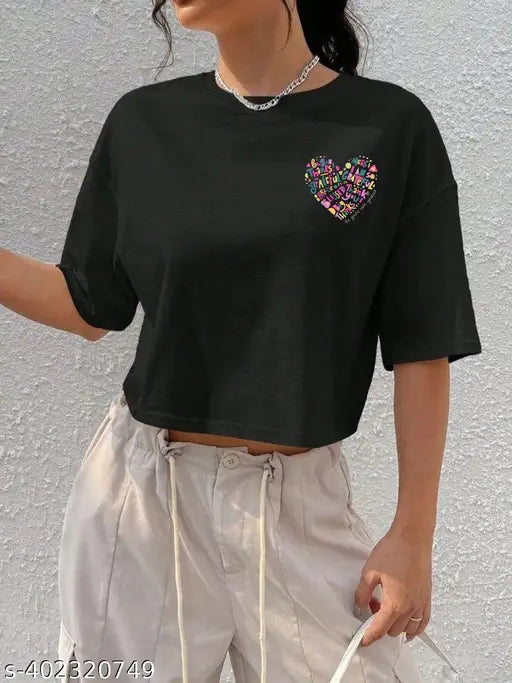 Pink Heart Crop Cotton Half Sleeve Printed Motivational Quotes T-Shirt - Loose Fit, Baggy, XS-XXL