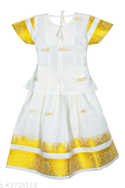 Traditional Kerala Gold Lehenga Choli, embellished applique art silk with waist belt, 6-12 months size (Lehenga waist: 16in, length: 16in)