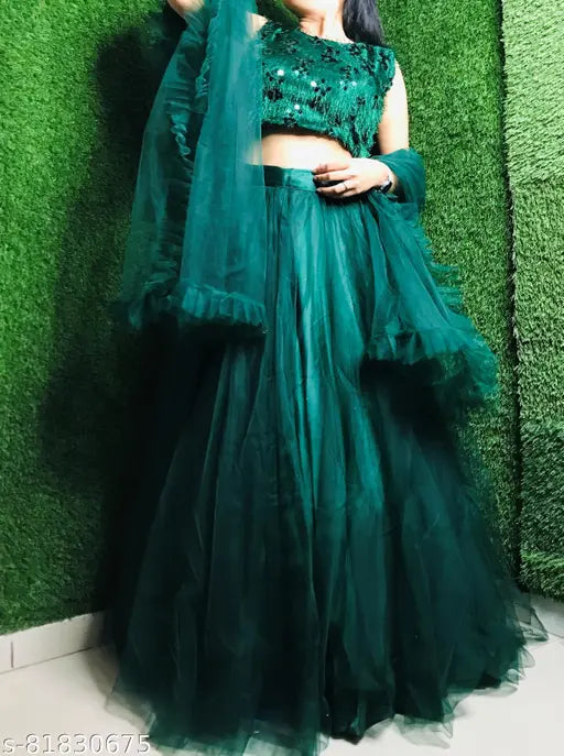 Green Jute Silk Lehenga, embroidered Choli and net Dupatta for Mehndi functions. Latest Indian Indo-Western style resembling Barbie look