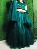 Green Jute Silk Lehenga, embroidered Choli and net Dupatta for Mehndi functions. Latest Indian Indo-Western style resembling Barbie look
