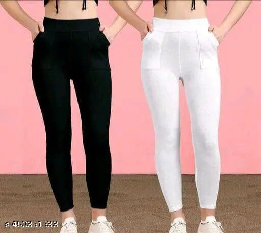 Cotton blend solid jeggings for women, pack of 2 - Indian-made fashionable leggings with pockets