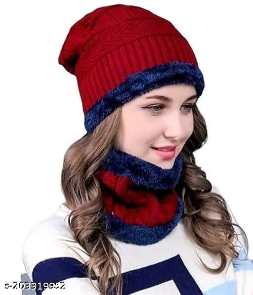Women's maroon and navy blue knit cap with red and white striped trim