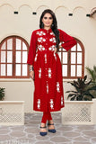 Red and white floral embroidery on a kameez