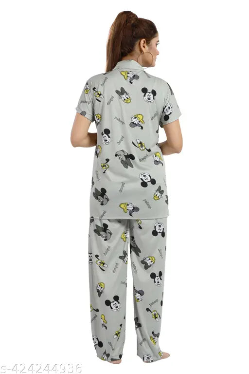 Sigma Trede trending print satin nightwear set for women and girls - long sleeve shirt and pyjama set, printed design on display