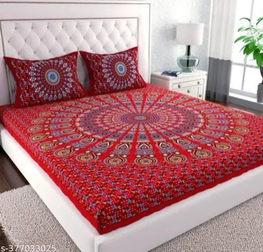 Queen-size Jaipuri pure cotton double bedsheet & pillow cover set, 100% cotton, Rajasthani design - 180 TC