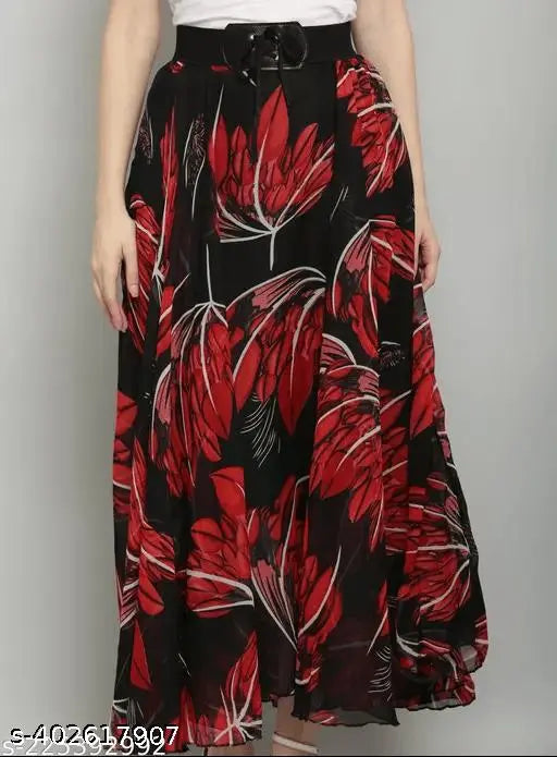 Red and black floral print midi skirt for women